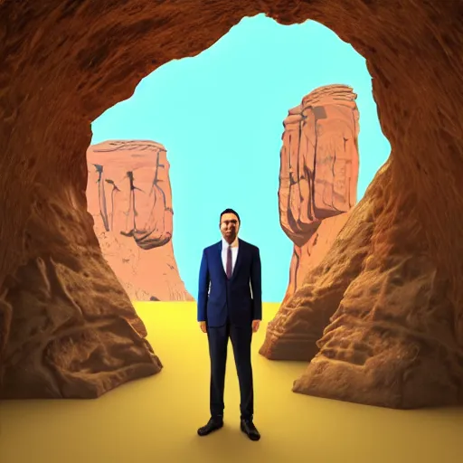 Image similar to ultra realistic portrait of cem yilmaz in a studio, ultra detailed, under blue, red and yellow cinematic lighting, salvador dali, cartoon, monument valley, escher