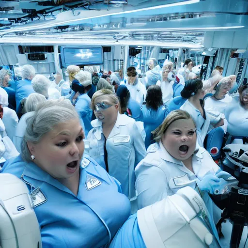 Image similar to unorganized crowd of angry chubby women, white hair, tight light blue neopren space uniforms, futuristic production facility, sci - fi, highly detailed, cinematic