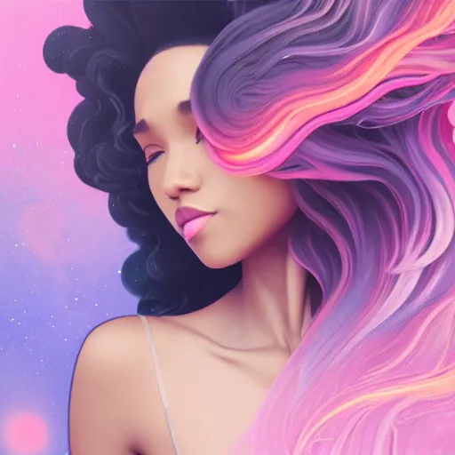 Image similar to black woman with gorgeous pastel balayage hairstyle, as seen on artgerm, octane render, exploding nebulae in the style of alphonse mucha, ultra realistic, highly detailed, 8 k,