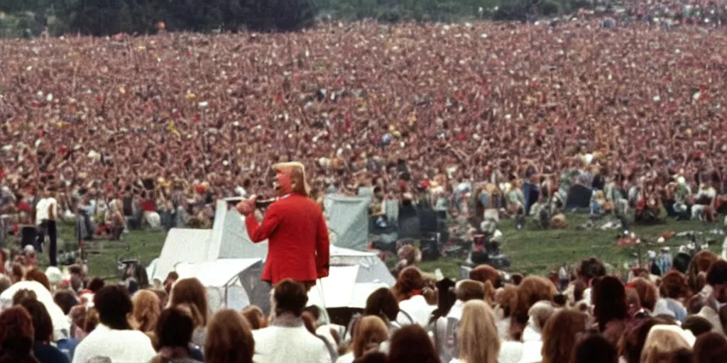 Prompt: Donald Trump live at Woodstock 1969, grainy photo