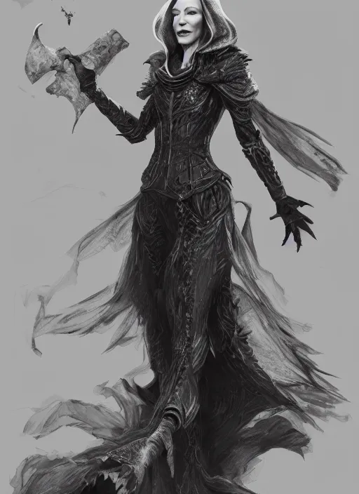 Image similar to beautiful female wicked witch, cate blanchett as the wicked witch of the west, full body character concept, armor, super powers, fantasy, intricate, elegant, highly detailed, digital painting, artstation, concept art, shining, sharp focus, illustration, art by stanley lau