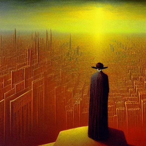 Image similar to a giant rabbi stands over a city painting by beksinski, barlowe colors. masterpiece painting