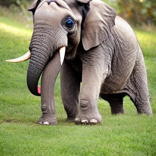 Image similar to a Elephant-Pug Hybrid, A Elephant that looks like a pug, huge tusks, afternoon hangout, good times photograph, candid