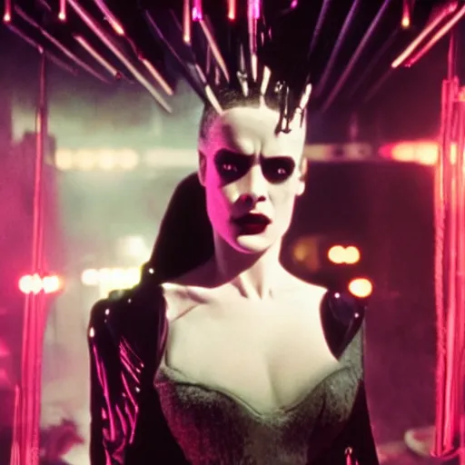 Image similar to cinematic portrait of bride of frankenstein as a replicant in a nightclub, still from the movie bladerunner, fashion photography, a neon sign is in the background