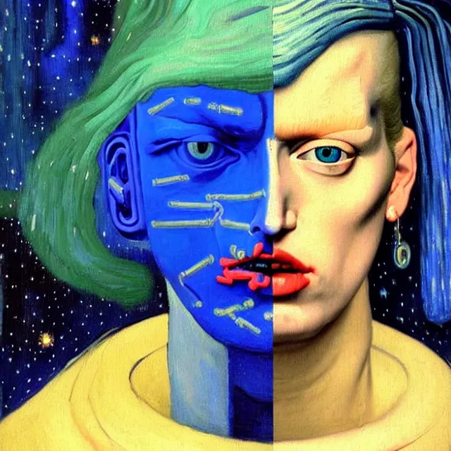 Image similar to a beautiful painting cyberpunk robot donald trump face, by kelly mckernan guido reni jan vermeer brief biography van gogh edvard munch dana irving lawren harris realistic oil painting