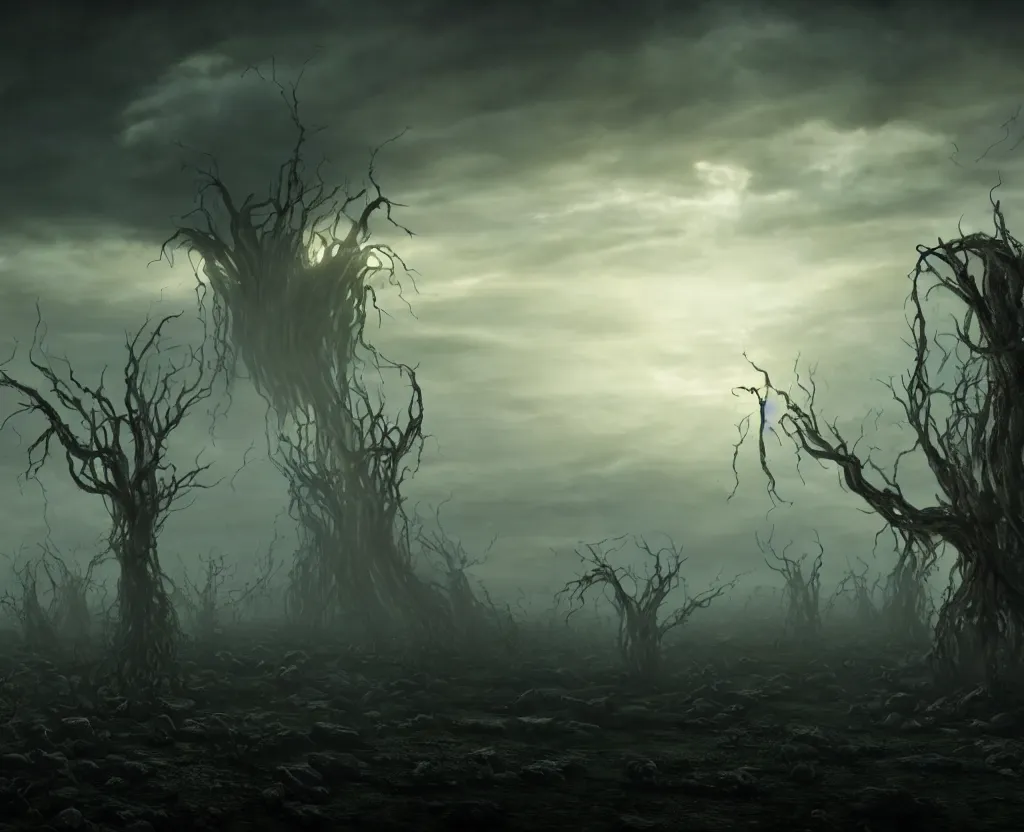 Image similar to the tendrils of a dormant god extending up into the sky, volumetric lighting, unreal engine 5, harrowing apocalyptic atmosphere, photorealistic, unnerving, hyperdetailed 3d matte painting, hyperrealism, hyperrealistic, cinematic masterpiece, fantasy horror style 8k ultrahd octane render