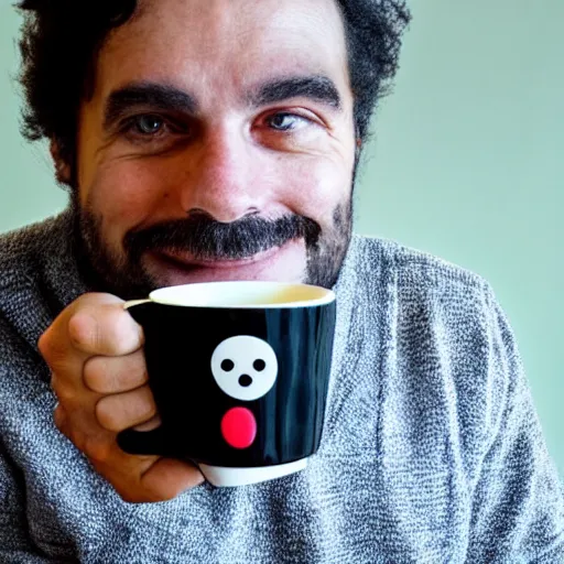 Prompt: a man holding a coffee mug. the coffee mug has a smiling, cartoony face on it.