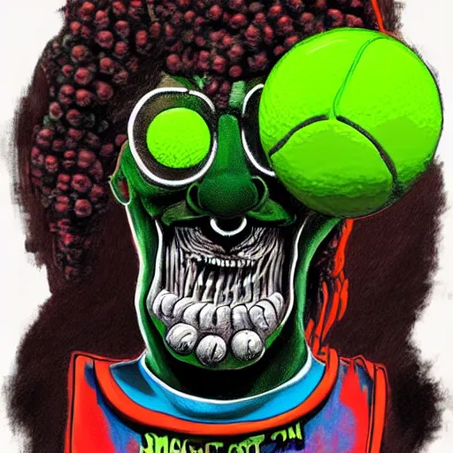 Image similar to snoop dogg tennis ball monster ,tennis ball, digital art, smoke, fantasy,chalk, magic, trending on artstation, ultra detailed, professional illustration by Basil Gogos