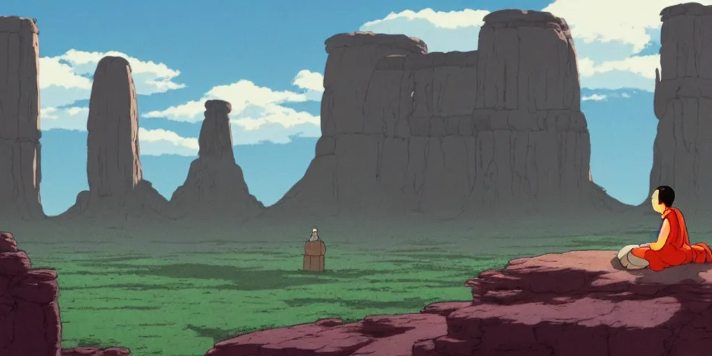 Image similar to a realistic cell - shaded studio ghibli concept art from paprika ( 2 0 0 6 ) of a monk meditating and a small mammoth from close encounters of the third kind ( 1 9 7 7 ) in a flooded monument valley stonehenge. very dull colors, wide shot, hd, 4 k, hq