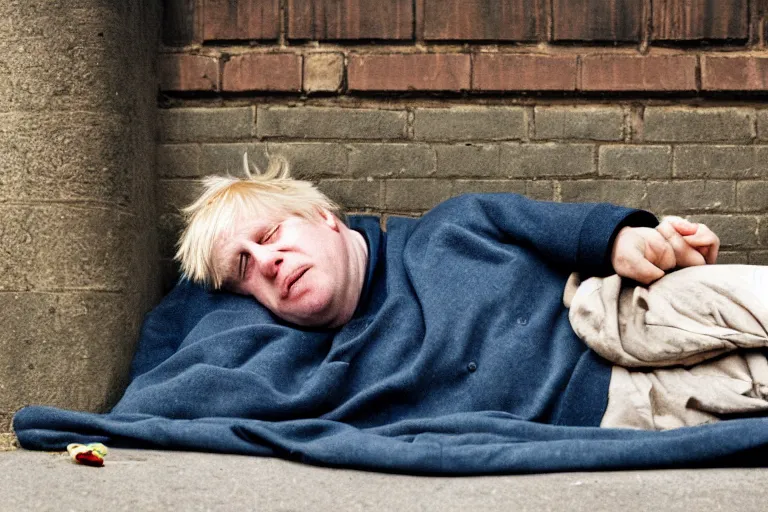 Prompt: closeup portrait of homeless boris johnson sleeping under a london bridge, natural light, sharp, detailed face, magazine, press, photo, steve mccurry, david lazar, canon, nikon, focus