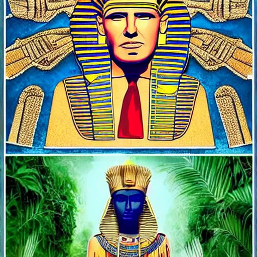 Image similar to donald trump as pharaoh, melania trump as egyptian queen, elegant, majestic, powerful, pyramids, anunaki, hieroglyphs, lush, rainforest, river, green, river god, wilbur smith, gold, trump tower