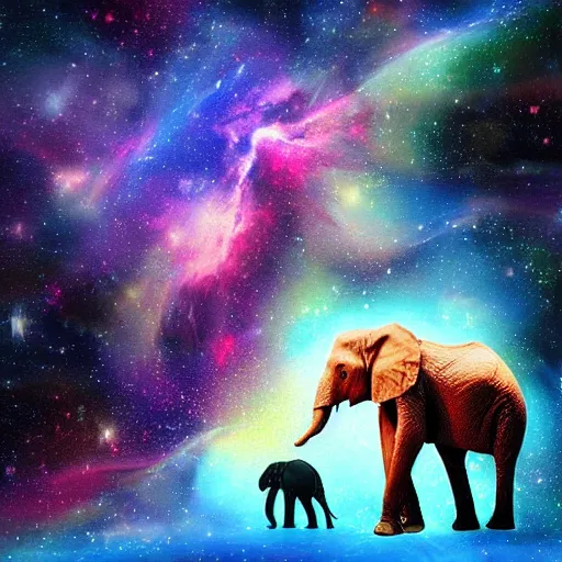 Prompt: astronaut riding an elephant in space, colorful nebula in the background, digital painting,