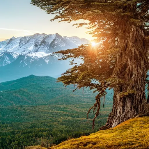Prompt: a beautiful mountain landscape view from the summit with stunning eerie light and a large tree on the foreground, HD photograph, bokeh