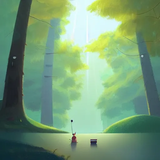 Image similar to goro fujita ilustration a beautiful forest with tall and short trees, with lots of vegetation, reflected in a lake, the rays of light go through the forest, characters drawn with simple shapes appearing through the illustration, painting by goro fujita, sharp focus, highly detailed, artstation