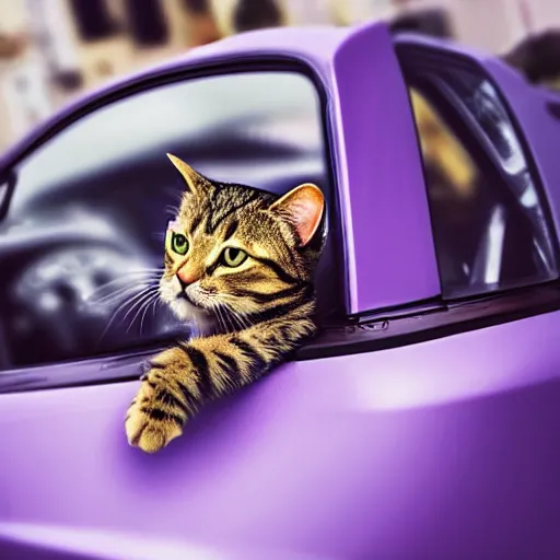 a cat driving a fast car in the rain in the city, | Stable Diffusion