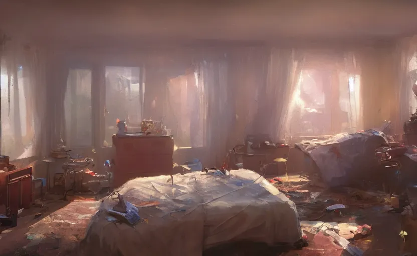 Prompt: a messy bedroom interior, scifi capsule apartment, painting by Craig Mullins, octane rendering, soft lighting, wide angle lens, worm's-eye view, in the style of Pixar animation, trending on artstation,