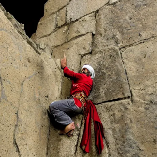 Image similar to action photo of a man in persian attire, climbing the wall of a dungeon