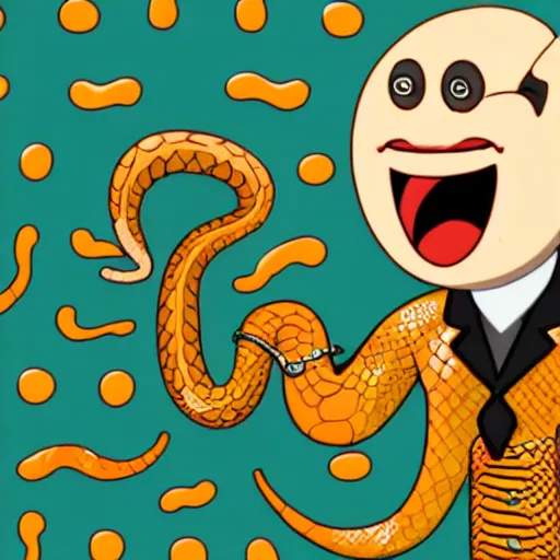 Image similar to a snake oil salesman that is also a grinning anthropomorphic snake