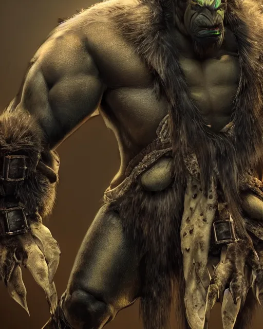 Image similar to A full body shot of a handsome orc looking into the camera wearing a leather fur jacket and boots, full body shot, detailed face, artstation, realistic, highly detailed, symmetrical, hyper realistic, dynamic pose, high detail, octane render, unreal engine, 8k, fantasy art, highly detailed, concept art