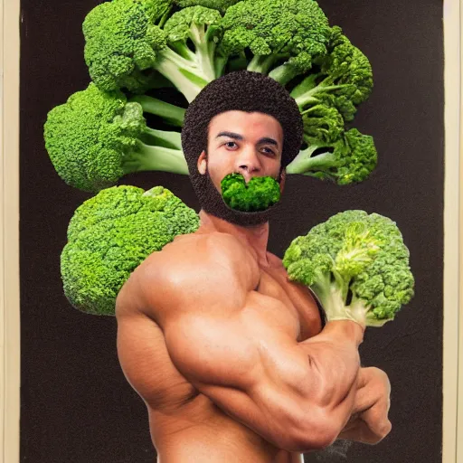 Prompt: a bodybuilder with a broccoli head in Rococo art