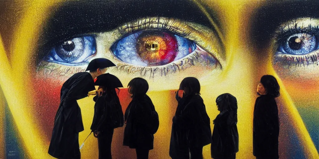 Image similar to people being overcome by love and kindness, golden hour, all seeing eye, protection, forcefield, aura, dripping colors, rain, love, detailed painting by painting by gottfried helnwein and tokio aoyama