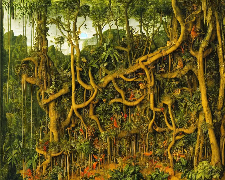 Prompt: a bookshelf in the rainforest by albrecht altdorfer. hyperdetailed, proportional, romantic, enchanting, achingly beautiful, graphic print, trending on artstation, jungle, tropical, foliage