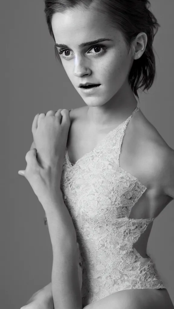 Image similar to an extremely beautiful studio photo of emma watson wearing open toe high heels and wearing a white dress, in a white room, pale skin, bokeh, very very very beautiful!, hard focus, full body shot, 9 0 mm, f / 1. 4