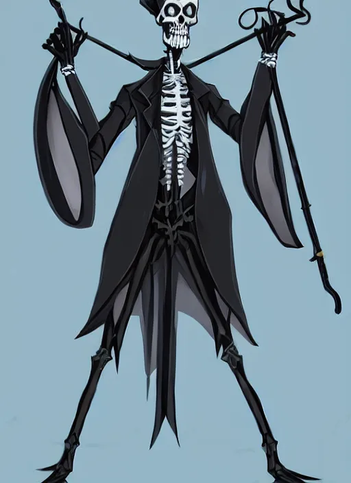 Image similar to DND character concept, Tall skeletal figure, wearing a deep black suit!!! and tie and top hat, holding a golden cane. Surrounded by light blue!!! flames!!