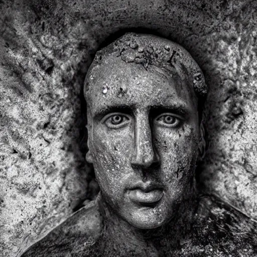 Image similar to Award-winning photograph by Mar Mann. The photo depicts a gray decaying roman bust of Nicolas Cage overgrown with moss at the bottom of the sea. Minimalism, high definition, perfect composition. Deep sea picture. Very dark. Volumetric Lighting. Fish. Darkness. Ruins