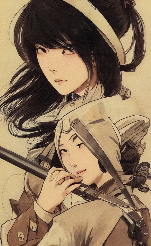Prompt: japanese girl fighting ww2, anime style, long hair, hair down, symmetrical facial features, ww2 era, hyper realistic, pale skin, 4k, rule of thirds, extreme detail, detailed drawing, trending artstation, hd, war, D&D, realistic lighting, by Alphonse Mucha, Greg Rutkowski, sharp focus, backlit, soldier clothing