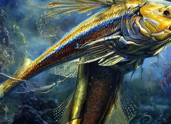 Image similar to macro closeup robotic pike fish, glowing veins, subsurface scattering, underwater, boston dynamics, by gerald brom, by mikhail vrubel, by peter elson, muted colors, extreme detail, trending on artstation, 8 k