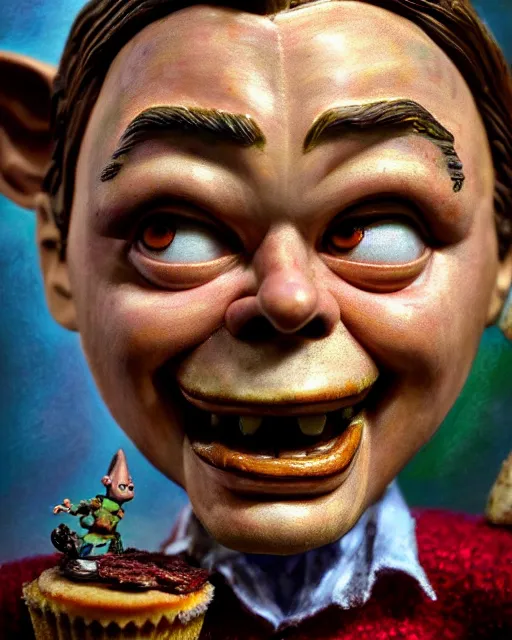 Image similar to highly detailed closeup, face profile portrait of a tin toy leonardo dicaprio as a medieval goblin eating cakes in a castle, hyper realistic, artstation, illustration, nicoletta ceccoli, mark ryden, lostfish, dan decarlo, bob clampett, max fleischer, digital paint, matte paint, vivid colors, detailed and intricate environment