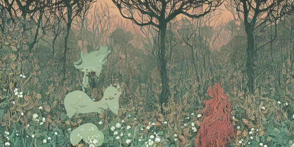 Image similar to a monster in an ornate forest by victo ngai