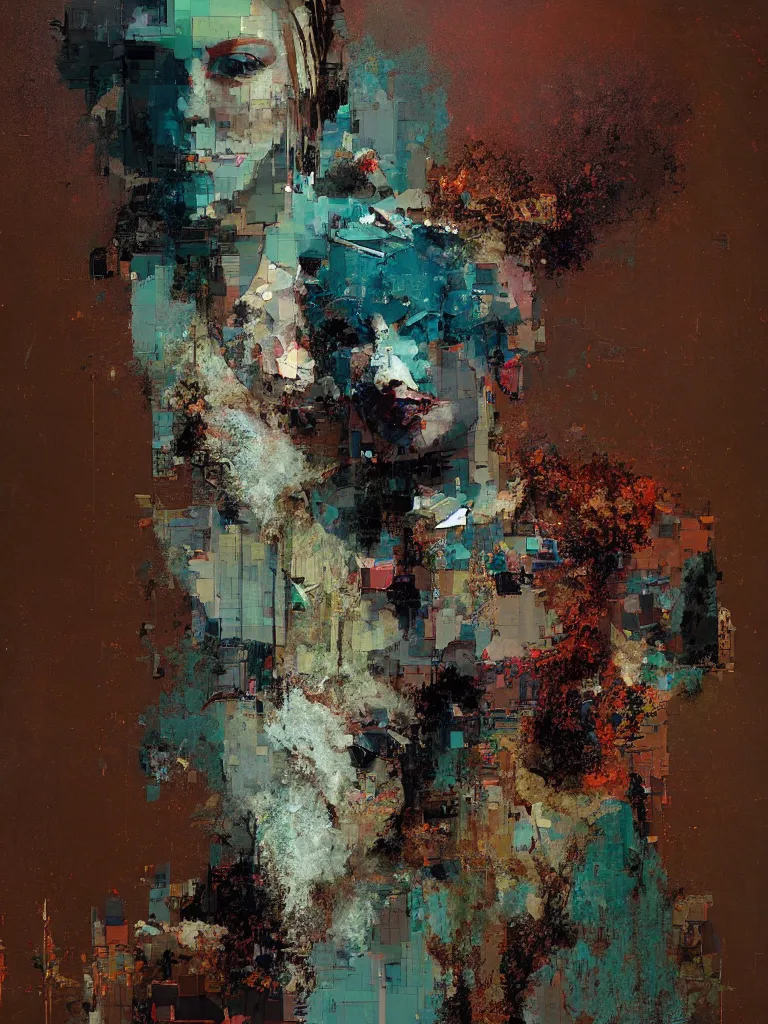 Image similar to a beautiful glitched painting by robert proch of a woman in a glitched bathroom, metal rust and plaster materials, pixel sorting, color bleeding, brushstrokes by jeremy mann, still life, dark colors