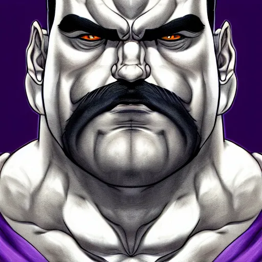 Image similar to face portrait a big beefy man with a large purple face, thick dark hair, a bushy black moustache, with hardly any neck and mean little eyes, highly detailed, digital art, sharp focus, trending on art station, kentaro miura manga art style