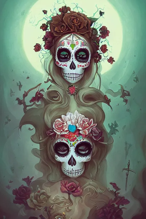Prompt: Illustration of a sugar skull day of the dead girl, art by peter mohrbacher