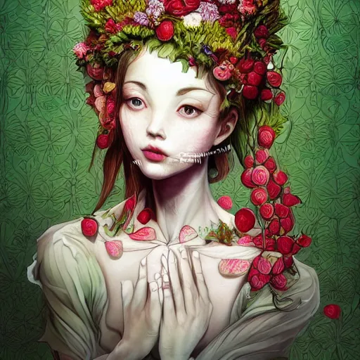 Image similar to the portrait of an absurdly beautiful, graceful, elegant, chaste, young woman made of strawberries and green petals smiling, an ultrafine detailed illustration by kim jung gi, irakli nadar, intricate linework, bright colors, octopath traveler, final fantasy, angular, unreal engine 5 highly rendered, global illumination, radiant light, detailed and intricate environment