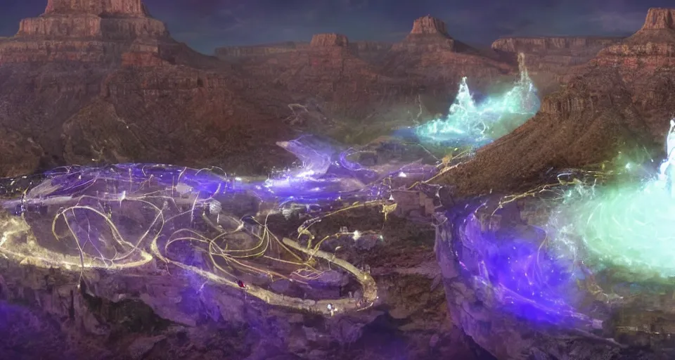 Image similar to night, a lot of people and a spiral - shaped white luminous attractor is floating in grand canyon, concept art, art for the game, professional lighting, art