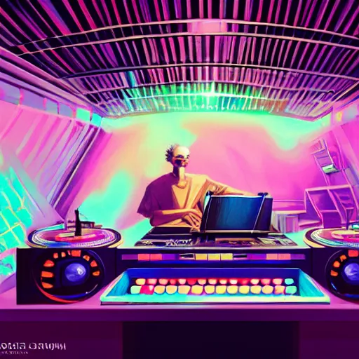 Image similar to a dj creating disco music in an underground lab, surrounded by large retro speakers, digital painting, artstation, ristan eaton, victo ngai, artgerm, rhads, ross draws, anime styled, hd, 4 k