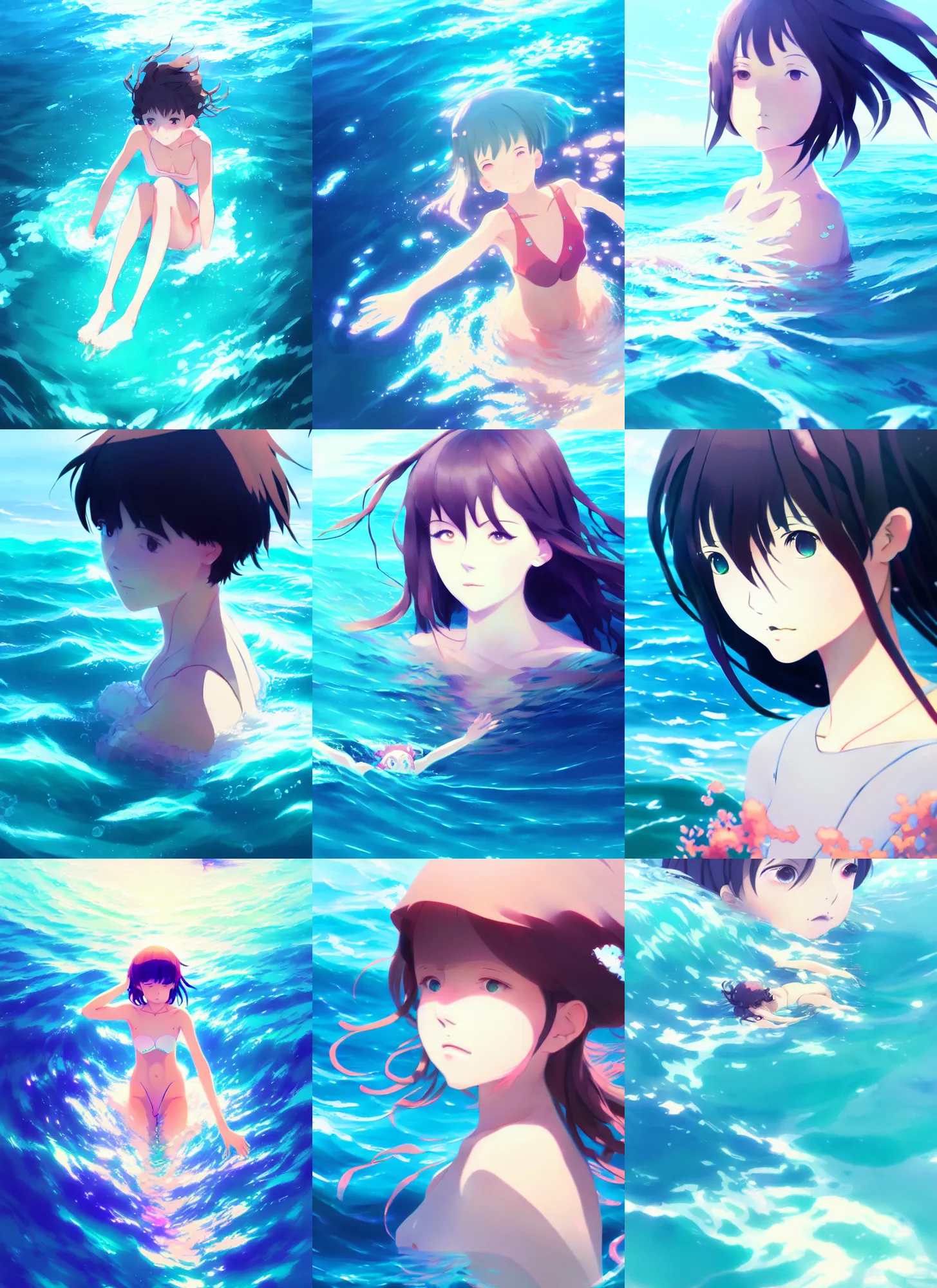 Prompt: portrait of a cute girl swimming in the ocean, illustration concept art anime key visual, very trippy and abstract, trending pixiv fanbox by wlop and greg rutkowski and makoto shinkai and studio ghibli and kyoto animation