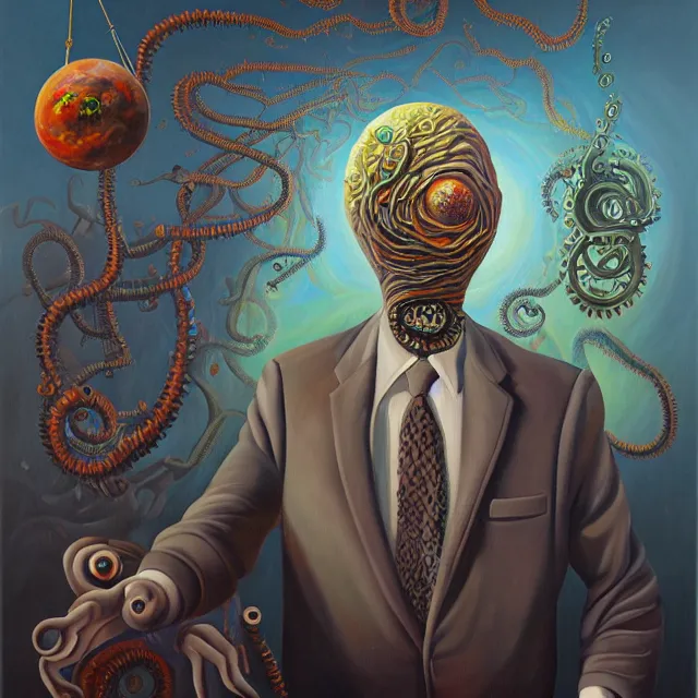 Image similar to an oil on canvas painting of a business man, polycount, surrealism, surrealist, lovecraftian, cosmic horror, high detail