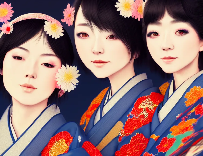 Image similar to two beautiful charming japan girls wear arty kimono in festival | | sunny night, full moon, dreamlike art, realistic shaded, smile, good looking, hyper details, 4 k realistic, cryengine, realistic shaded lighting poster by ilya kuvshinov, fuji choko, ross tran, 8 k resolution, trending on artstation, luxury