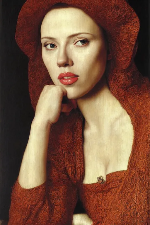 Image similar to portrait of scarlett johansson, oil painting by jan van eyck, by hans holbein, northern renaissance art, old masters, alla prima, realistic, expressive emotions, intricate textures, illusionistic detail, masterpiece