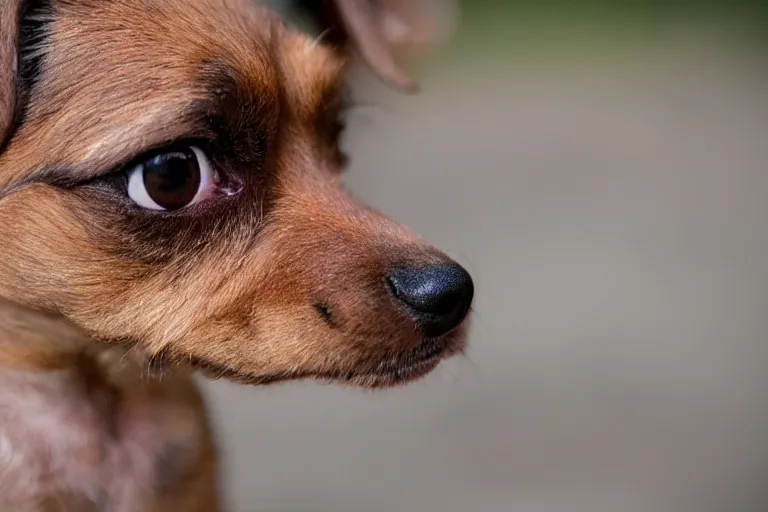 Image similar to closeup potrait of a small brown dog licking its nose in central park, natural light, sharp, detailed face, magazine, press, photo, Steve McCurry, David Lazar, Canon, Nikon, focus