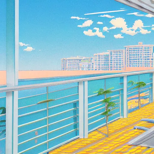 Prompt: a beautiful painting of a sunny day overlooking the beach from a hotel balcony by hiroshi nagai and hirohiko araki, detailed line art, vaporwave color scheme
