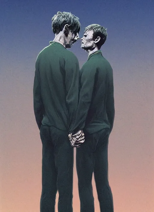 Image similar to portrait of Mads Mikkelsen and Hugh Dancy holding hands romantically as they chaperone school dance by Zdzislaw Beksinski, Michael Whelan, Bob Larkin and Tomer Hanuka, simple illustration, domestic, nostalgic, clean, Matte painting, trending on artstation and unreal engine, New Yorker magazine cover, 1980s romance book cover