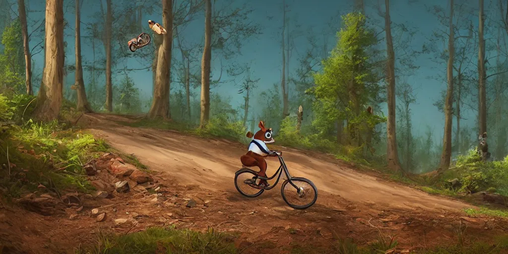 Prompt: A chipmunk riding a bike down a hill. Detailed digital matte painting in the style of simon stalenhag