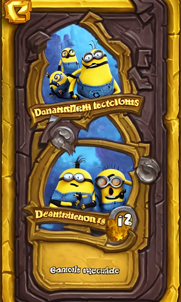 Image similar to hearthstone card with a usual border with atack and health depicting minions from despicable me.