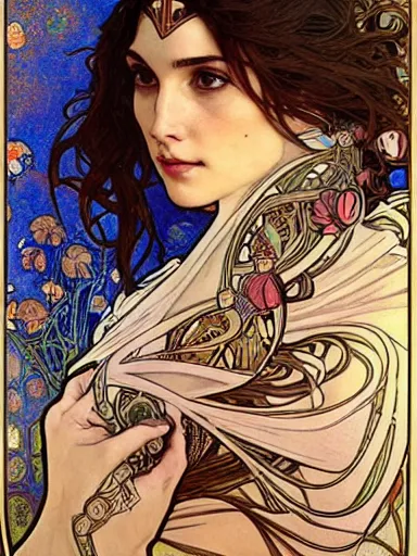 Prompt: a beautiful painting of gal gadot by Alphonse Mucha and by yoshitaka Amano and by Mark Brooks and by gustav klimt and by john william waterhouse, Art Nouveau, Neo-Gothic, gothic, award winning painting, hyperdetailed, detailed, full body