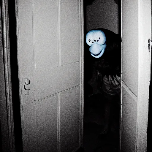 Image similar to grainy photo of a smurf as a creepy monster in a closet, harsh flash